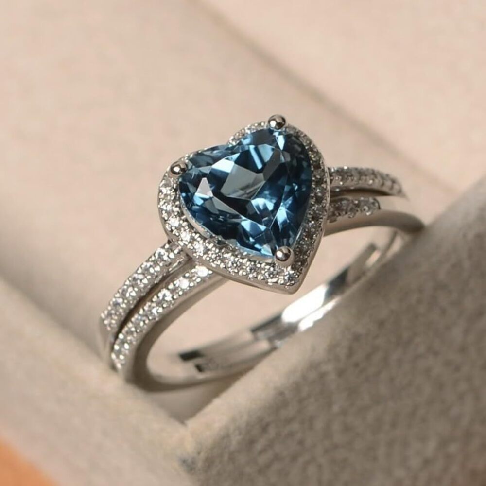 3563 2pc 925 Sterling Silver Heart Blue Zircon Ring CZ Teardrop Diamond